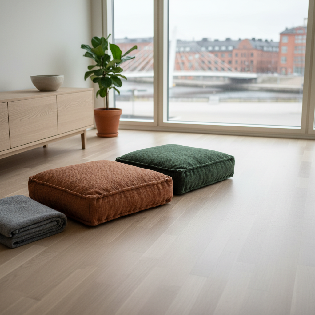 A pair of thick, textured meditation cushions in muted earth tones lie on a smooth wooden floor, slightly angled toward each other as if inviting a therapeutic conversation. Beside them rests a folded, soft gray blanket and a low, pale oak sideboard with a single ceramic bowl and a small green plant. Large windows reveal an out-of-focus Scandinavian cityscape that suggests Malmö. Soft overcast daylight fills the room, creating an even, soothing glow with minimal harsh shadows. Captured in photographic realism from a slightly elevated angle using the rule of thirds, the composition emphasizes open floor space and gentle order, evoking calm, presence, and readiness for samtalsterapi or rörelseterapi without any human figures.