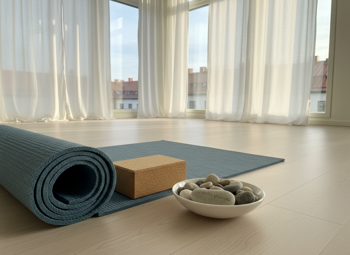 A light, airy studio space with a single rolled, slate-blue movement mat placed diagonally on a pale ash wooden floor, accompanied by a simple cork yoga block and a small bowl of smooth, different-sized pebbles symbolizing livsförändring. In the background, floor-to-ceiling sheer curtains soften the outline of tall windows, where a faint suggestion of Malmö rooftops is visible. Warm afternoon light streams in, casting elongated, peaceful shadows and a gentle highlight along the mat’s textured surface. Photographic realism, shot from a low angle toward the far corner, creates depth and a sense of spaciousness. The mood is exploratory, grounding, and slightly playful, ideal for rörelseterapi and embodied personal development work.